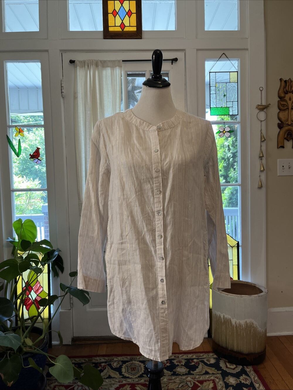 St Tropez‎ West M 100% Linen Popover Tunic Coastal Minimalist Gold Threading
